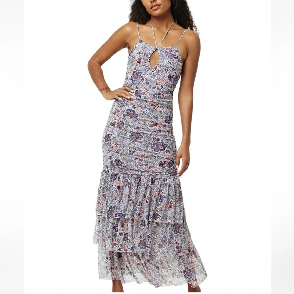 MISA Los Angeles Nicola Floral Mesh Halter Midi Dress Blue Size XS NWT